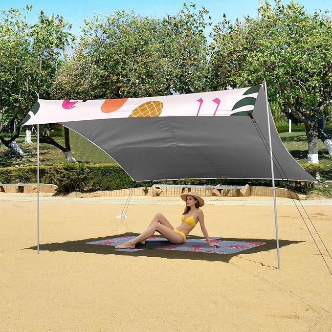 Beach Canopy with Windproof Ropes &amp Sandbags Beach Tent Sun Shade Sun Shelter for Camping Trips Fishing Backyard Fun or Picnics Flamingos