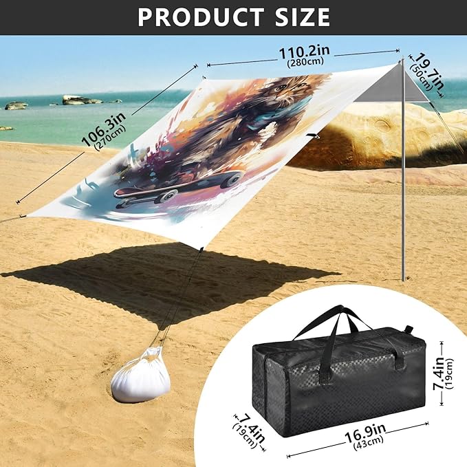 ALAZA Cat Skating Funny Beach Tent Sun Shelter UPF50+ Protection Beach Shade Canopy w/ 4 Sandbags for Outdoor Camping Fishing Backyard Fun Picnic 10x9 ft