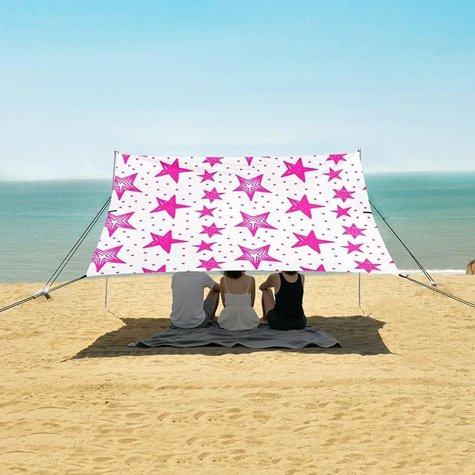 xigua Stars Beach Tent Sun Shelter with Carrying Bag - Silver Coated Oxford Fabric Beach Canopy for Beach Camping Fishing - Includes Windproof Ropes Sandbags &amp Stakes