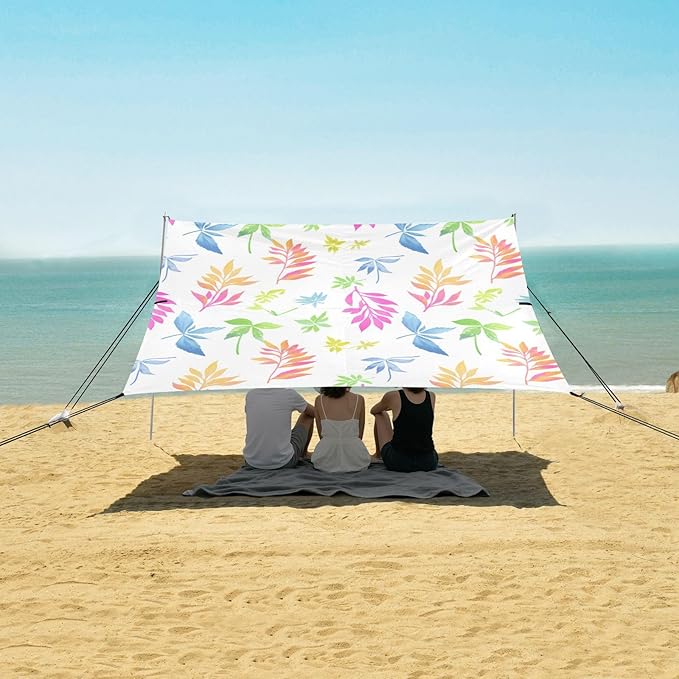 Beach Canopy with Windproof Ropes &amp Sandbags Beach Tent Sun Shade Sun Shelter for Camping Trips Fishing Backyard Fun or Picnics Leaves