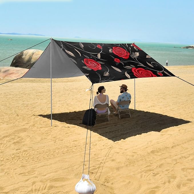 ALAZA Red Rose on Black Beach Tent Sun Shelter Portable Canopy Sunshade for Outdoor Camping Picnics Backyard Fun 10x9 ft