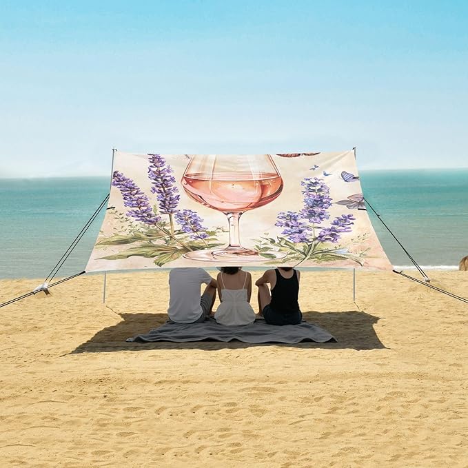 ALAZA Vintage Glass of Rose Wine Lavender Flowers Butterflies Beach Tent Sun Shelter Portable Canopy Sunshade for Outdoor Camping Picnics Backyard Fun 10x9 ft