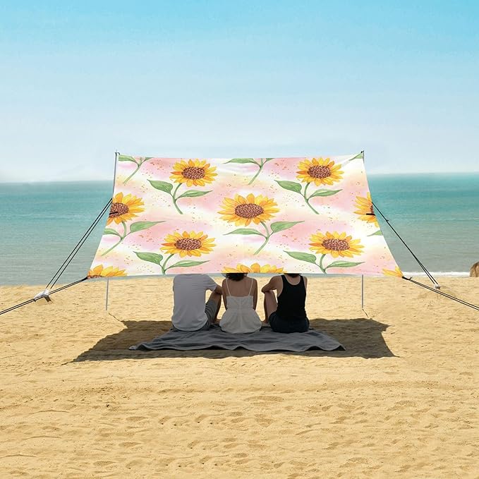 Sunflowers Beach Canopy Sun Shelter with Sandbags &amp Sand Shovel &amp Windproof Ropes - Portable 110x126 Beach Shade Beach Tent for Camping Picnics