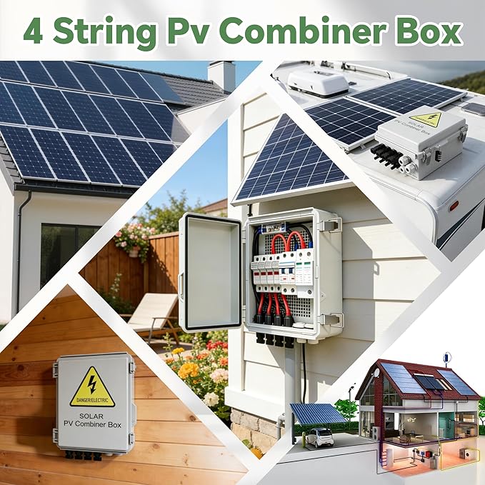 4 String Solar Combiner Box IP65 Waterproof PV Combiner Box for On/Off Grid Solar Systemwith Lightning Arrester 15A Rated Current Fuse &amp 63A Circuit Breaker(Plastic)