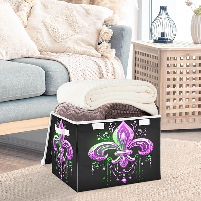 Storage Baskets with Lids Collapsible Bins Mardi Gras Stackable Fabric Linen Baskets Closet Organizer Container 16.5x12.6x11.8
