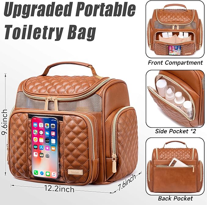Large Leather Toiletry Bag for Women MenBathroom BagWater Resistant Shower BagMakeup BagPortable Shower Caddy for College DormHanging Travel Toiletry Bag with Transparent Waterproof Phone Pocket
