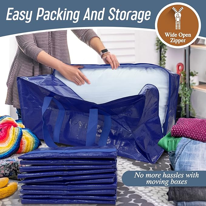 12 Pack Extra Heavy Duty Large Moving Bags with Strong Zipper &amp Comfortable Handles Sturdy &amp Durable Clothes Storage Bags Totes Bins Packing Moving Boxes for College Supplies Blue