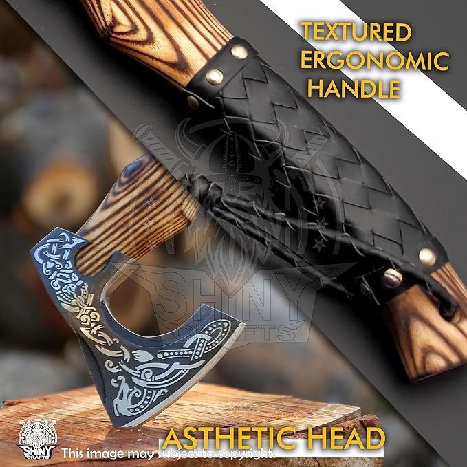 SHINY CRAFTS® Handcrafted Decorative Viking Axe with Leather-Wrapped Handle &amp Sheath – Engraved Blade – Ceremonial Collectible Gift for Men Warriors History Buffs Cosplay &amp Display (VBA-19)