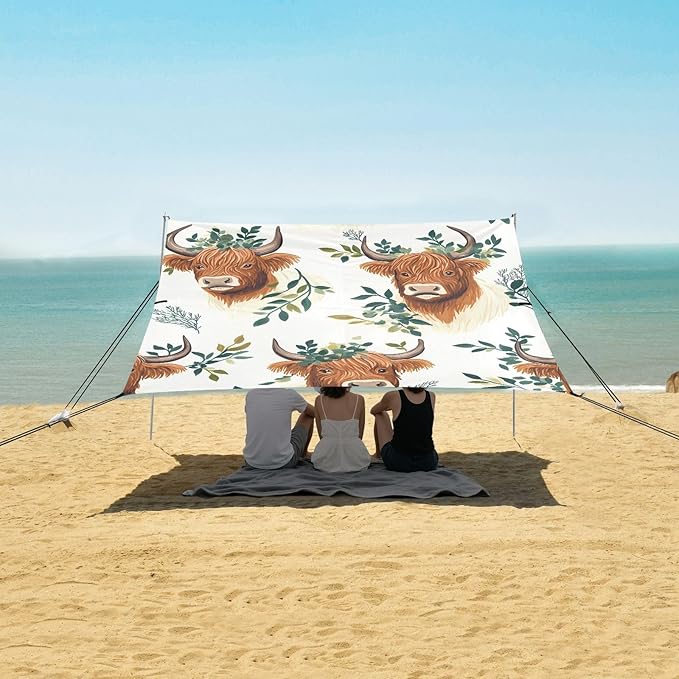 ALAZA Highland Cattle Leaves Pattern Beach Tent Sun Shelter Portable Canopy Sunshade for Outdoor Camping Picnics Backyard Fun 10x9 ft