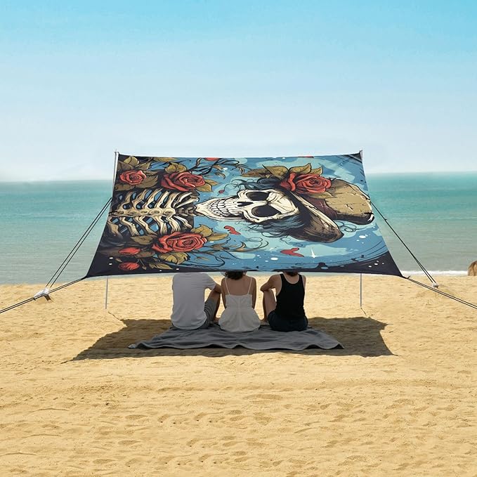 ALAZA Skull Rose Flowers Beach Tent Sun Shelter UPF50+ Protection Beach Shade Canopy w/ 4 Sandbags for Outdoor Camping Fishing Backyard Fun Picnic 10x9 ft