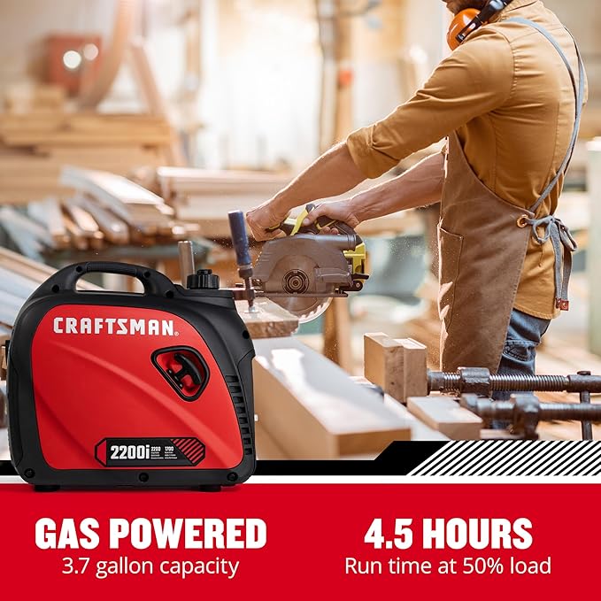 Craftsman C0010020 2200-Watt Gas Portable Generator - Quiet &amp Powerful - Clean Power for Sensitive Electronics - Compact &amp Lightweight Design - Powered by Generac - 50-State/CARB Compliant