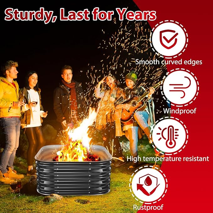 Height 16.5 Inch Square Galvanized Steel Fire Pit for Outside Heavy Duty Steel Fire Pit In-Ground for Backyard Camping Bonfire Flower Raised Garden Bed for Garden (2.3x2.3x1.5ft)
