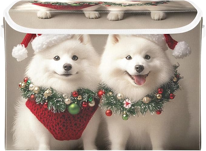 Storage Cube with Lid Dogs Christmas Print 16.5×12.6×11.8 IN Collapsible Large Capacity Foldable Storage Basket Bin Organizer