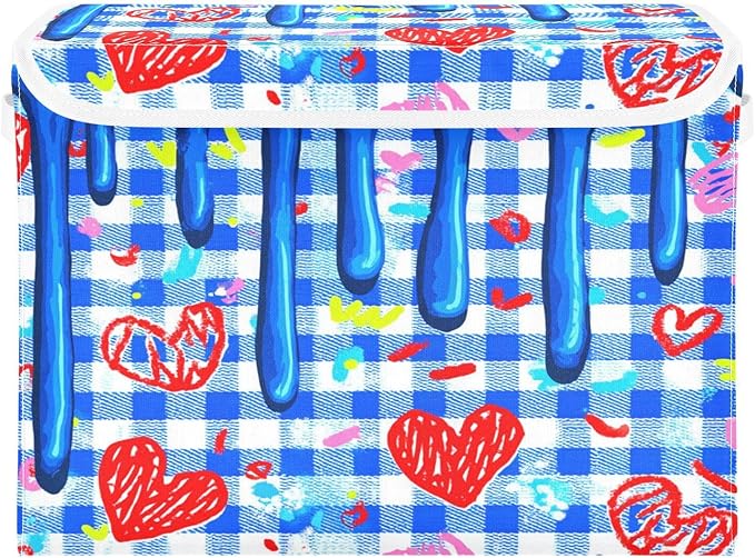 Storage Bins With Lid Stackable Fabric Closet Organizer Clothing Storage Large Boxes For Closet Shelves Bedroom Blue Checks Hearts Meltingicecream Splashes