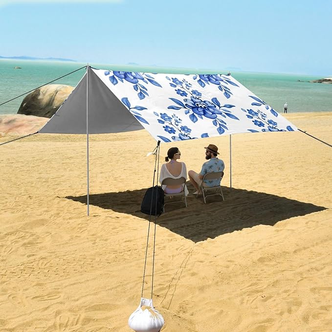 Beach Canopy with Windproof Ropes &amp Sandbags Beach Tent Sun Shade Sun Shelter for Camping Trips Fishing Backyard Fun or Picnics Blue Flowers
