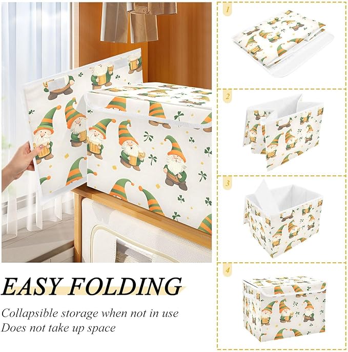 Christmas Storage Baskets with Lids St. Patrick's Day Cute Gnomes Collapsible Bins Stackable Fabric Linen Baskets Closet Organizer Container 16.5x12.6x11.8
