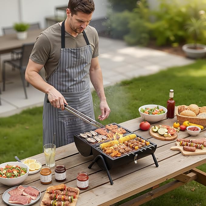 VINGLI Portable Double Sides Charcoal Grill Thermometer &amp Wooden HandleStorage Bag Multi-functional Metal Compact Tabletop BBQ Outdoor Charcoal Grill for Camping Travel Picnic Patio