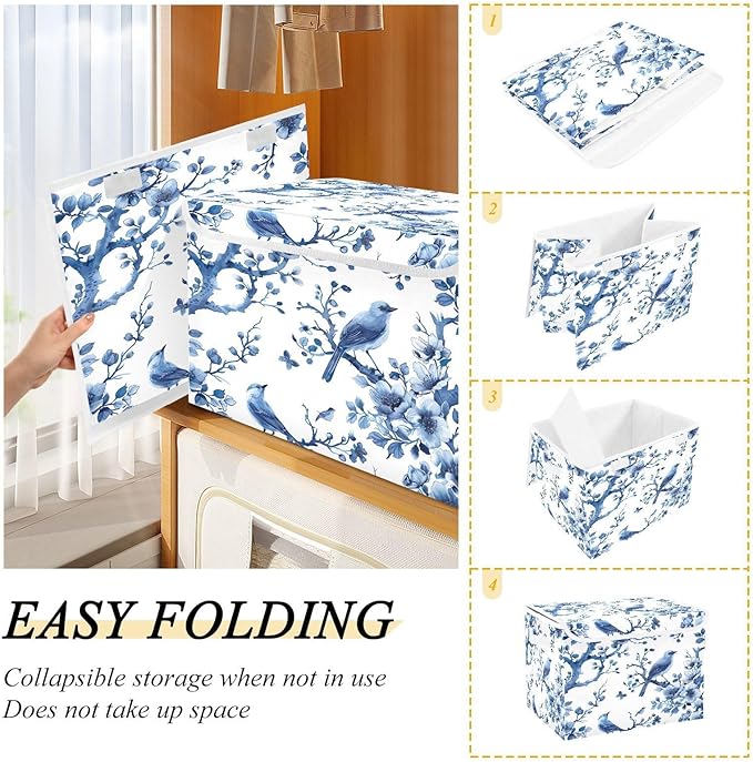 Beautiful Flowering Birds Fabric Storage Bins with Lids and HandleFoldable Storage Bins with LidsCloset Organizers for Clothes Storage Room Organization Office Storage Chest Organizer