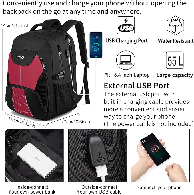 PUSLOM Extra Large Travel Laptop Backpack for Men 55LWater Resistant 18.4 inch Big Business Laptop bags with USB Charging PortTSA Friendly Anti Theft Computer Bag for Work CollegeRed