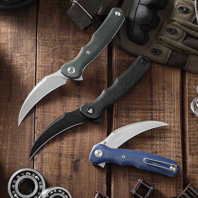 TRIVISA knives - Lacerta-04B |Hawkbill EDC Pocket Flipper Knife for Men Folding Pikal Knife with Reversible Wire Clip 3.34 PVD Blackwash 14C28N Steel Blade &amp Micarta Handle