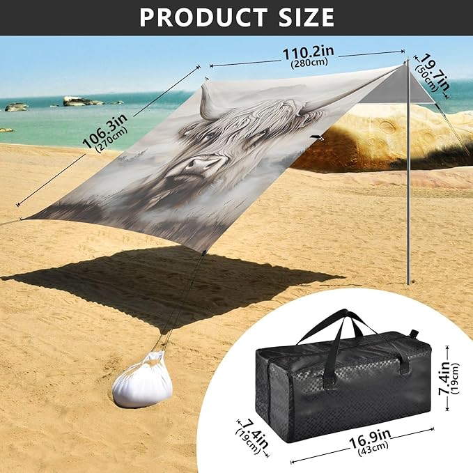 ALAZA Highland Cow Beach Tent Sun Shelter Portable Canopy Sunshade for Outdoor Camping Picnics Backyard Fun 10x9 ft