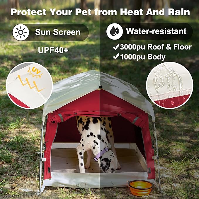 Dog Tent Cotton Fabric Aluminum Poles and Camping Mat Outdoor Weatherproof Dog House Outdoor Breathable with 2 Side Windows Portable and Collapsible (Red Large)