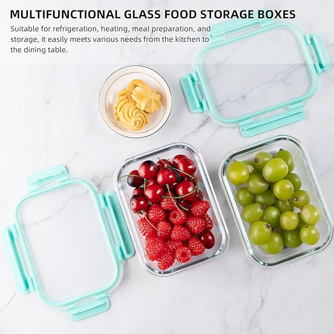 10 Pack 22 oz Glass Meal Prep Containers Food Storage Containers with Lids Airtight Leakproof Lunch Containers for Kitchen Freezer Microwave Dishwasher Safe (Mint Green)