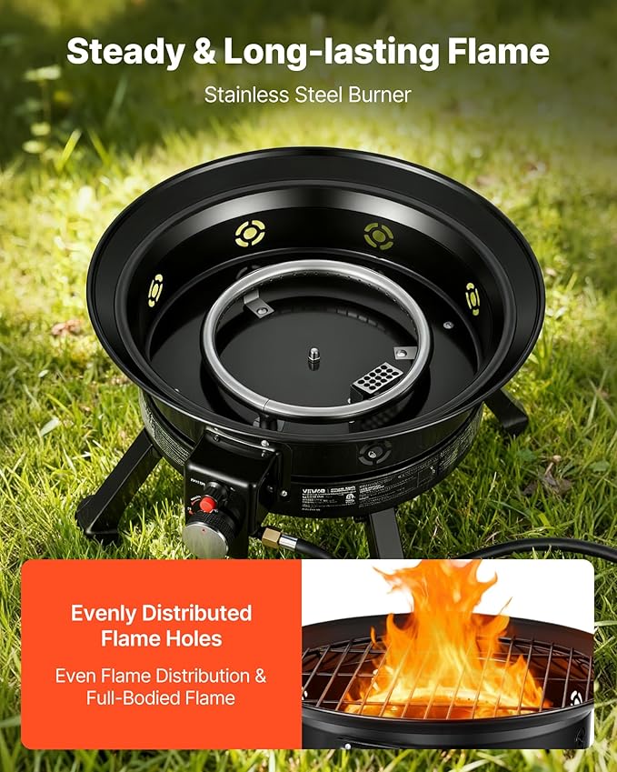 VEVOR Propane Fire Pit 24-Inch 53000 BTU Portable Gas Fire Pit with Grill Grate &amp Lava Rocks Adjustable Flame Folding LegsSmokeless Outdoor Firebowl for Camping Patio Backyard Deck RV B
