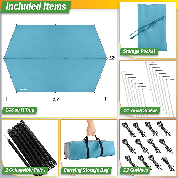 Portable Camping Tarp with Poles - Blue
