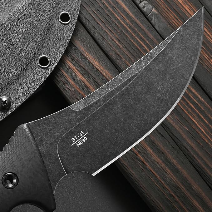 Sitivien ST31 Fixed Blade Knife N690 Black Stonewashed Steel Blade Carbon Fiber Handle Full Tang EDC Straight Knife for Outdoor Working Camping Hunting Fishing(Black)