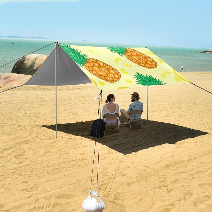 Beach Canopy with Windproof Ropes &amp Sandbags Beach Tent Sun Shade Sun Shelter for Camping Trips Fishing Backyard Fun or Picnics Pineapple