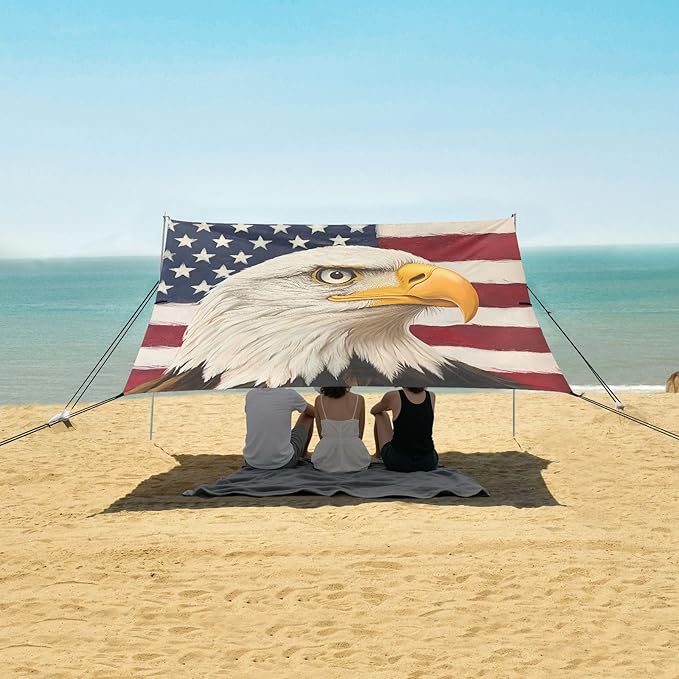 ALAZA Bald Eagle USA Flag Beach Tent Sun Shelter UPF50+ Protection Beach Shade Canopy w/ 4 Sandbags for Outdoor Camping Fishing Backyard Fun Picnic 10x9 ft