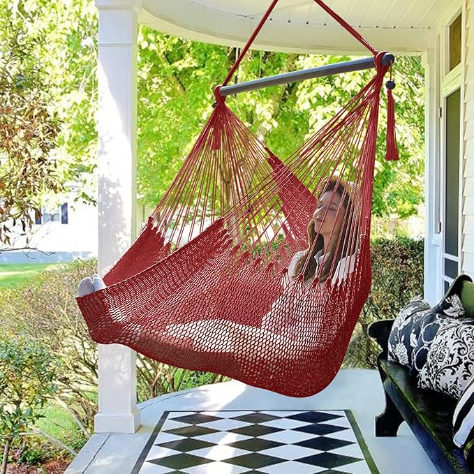 Bathonly Large Hammock Chair with Spreader Bar Caribbean Hammock Swing Chair XL Hammock Chair Outdoor Indoor 330 LBS Weight Capacity Red