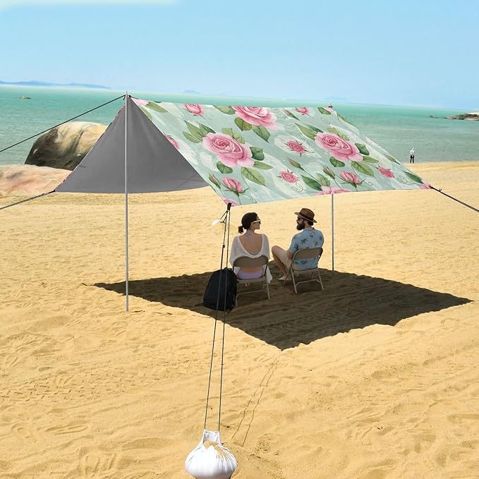 xigua Rose Beach Tent Sun Shelter with Carrying Bag - Silver Coated Oxford Fabric Beach Canopy for Beach Camping Fishing - Includes Windproof Ropes Sandbags &amp Stakes