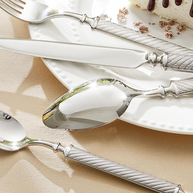 KINGSTONE Retro Rope-Pattern Silverware Set 30-Piece Flatware Set Cutlery Set Forged with Handcrafted Texture Handles 18/10 Stainless Steel Dishwasher Safe