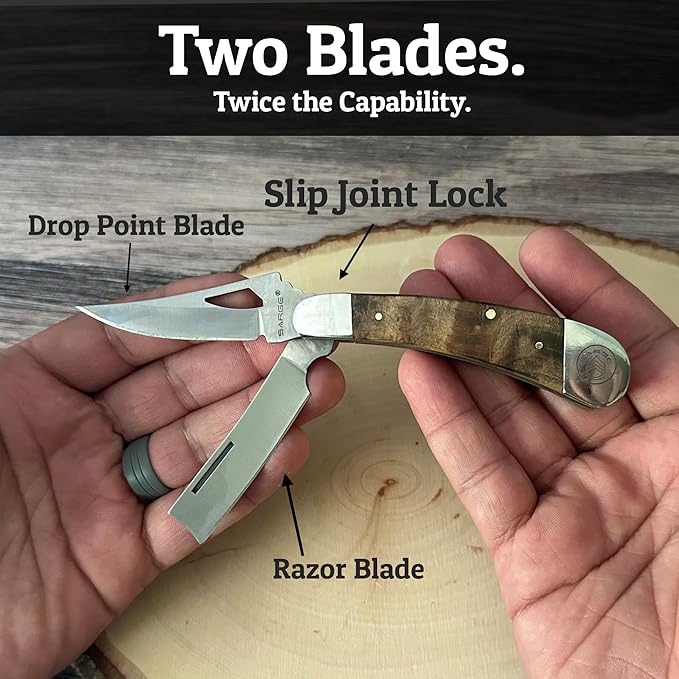 Sarge Knives Two Blade Pocket Knife (2 Blades) Compact Folding EDC Knife with 440 Stainless Steel Razor + Drop Point Maple Burlwood Handle Everyday Carry Knife for Camping Hunting &amp Utility U