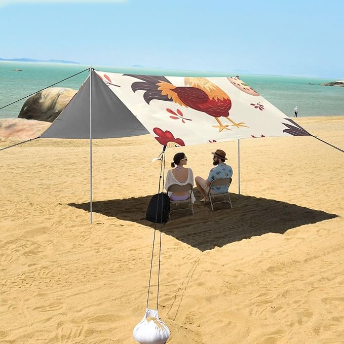 ALAZA Many Carttoon Rooster with Egg Beach Tent Sun Shelter Portable Canopy Sunshade for Outdoor Camping Picnics Backyard Fun 10x9 ft