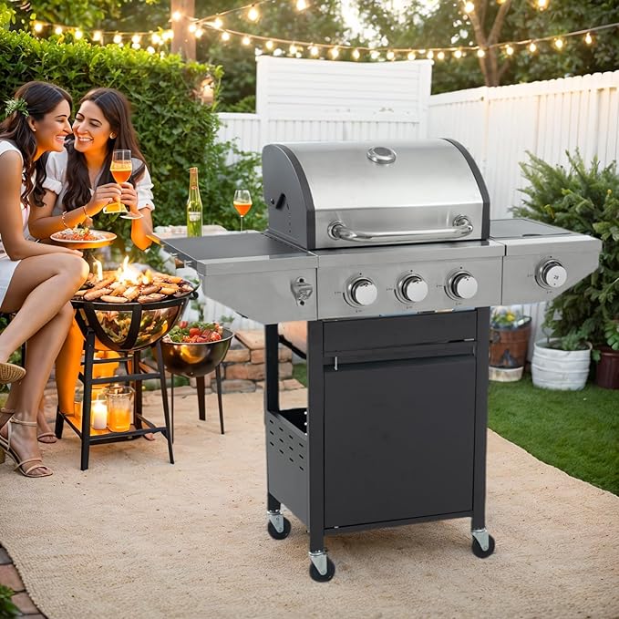 3 Burner Outdoor Propane Gas Grill with Side Burner &amp Thermometer Stainless Steel Barbecue Grill with Wheels for Patio BBQ Cooking Camping (3 Burner)