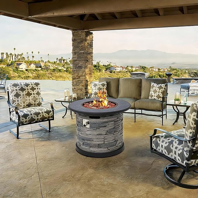 32-Inch Outdoor Porcelain Tile Propane Fire Table with Natural Gas Conversion Kit 50000 BTU Gas Fire Pit Table Concrete Composite Base with Faux Stacked Stone Texture Lid Lava Rocks Cover