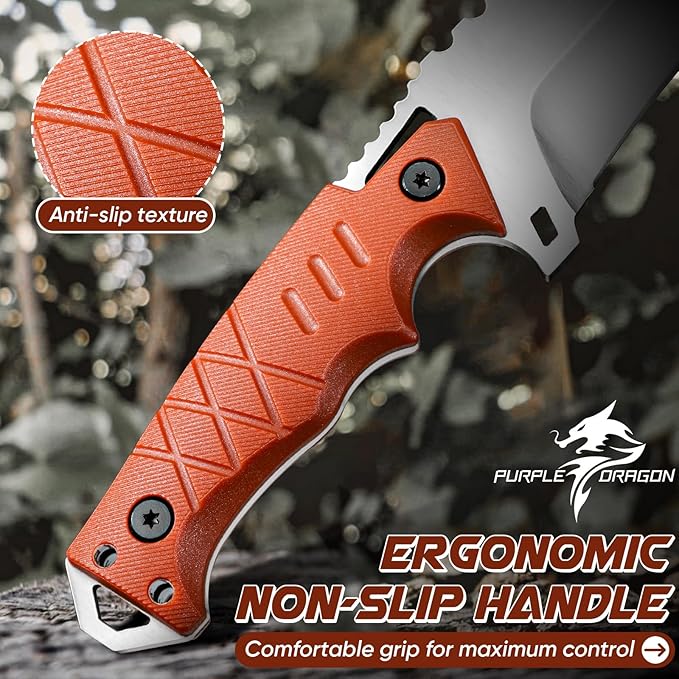 Purple Dragon Camping Knife with Sheath - D2 Steel Survival Knives for Camping Bushcraft - Ergonomic G10 Handle Outdoor Survival Gear Christmas Gift for Men and Women