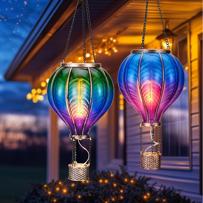 TERESA'S COLLECTIONS 2 Pack Hanging Solar Lantern Outdoor Garden Decor for Valentine Waterproof Plastic Hot Air Balloon Green Flickering Flame Effect Lantern for Yard Tree 18