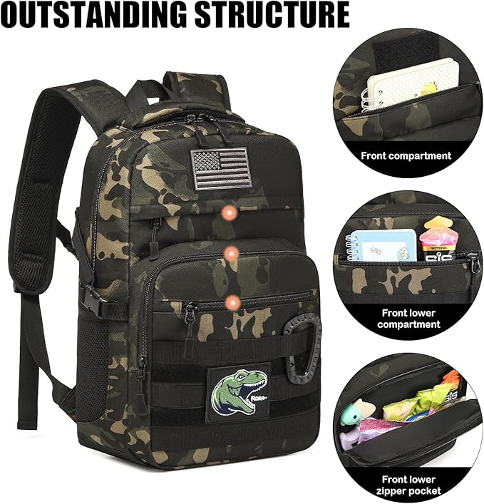 Kids Tactical Backpack Army Molle Bookbag Military Boys Backpack for School Outdoor Camping (Includes 2 Patches+1Carabiner) Black CM