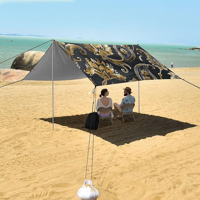 ALAZA Gold Paisley Beach Tent Sun Shelter UPF50+ Protection Beach Shade Canopy w/ 4 Sandbags for Outdoor Camping Fishing Backyard Fun Picnic 10x9 ft