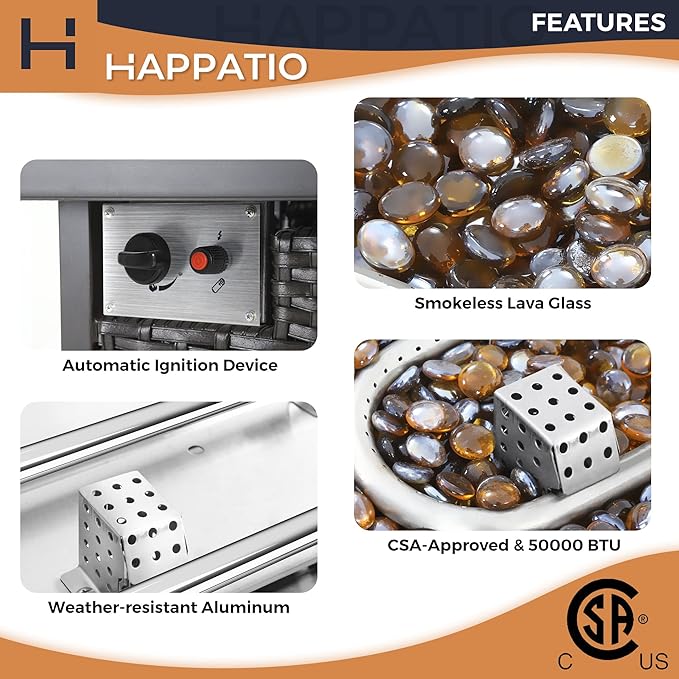 HAPPATIO Propane Fire Pit Table - 48 inch 50000 BTU Aluminum Outdoor Patio Fire PitWicker &amp Aluminum Rectangular Propane Gas Fire Pit Clear Glass Rock and Tabletop Lid Black PE Rattan(Brown)