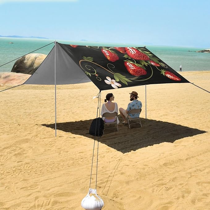 ALAZA Strawberry Flower Floral Beach Tent Sun Shelter UPF50+ Protection Beach Shade Canopy w/ 4 Sandbags for Outdoor Camping Fishing Backyard Fun Picnic 10x9 ft