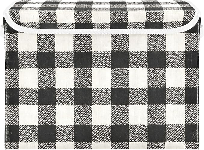 Black White Buffalo Plaid Large Storage Bins with Linen Foldable Storage Cubes Fabric Closet Organizer Containers box with Flip-Top Lid for Home Office 16.5 x 12.6 x 11.8 IN