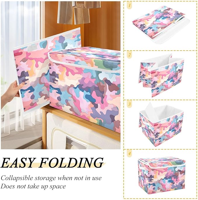 Vivid Camo Storage Cube with Lid Collapsible Fabric Storage Bins Basket with Handle for Home Bedroom Closet Office 16.5×12.6×11.8 in
