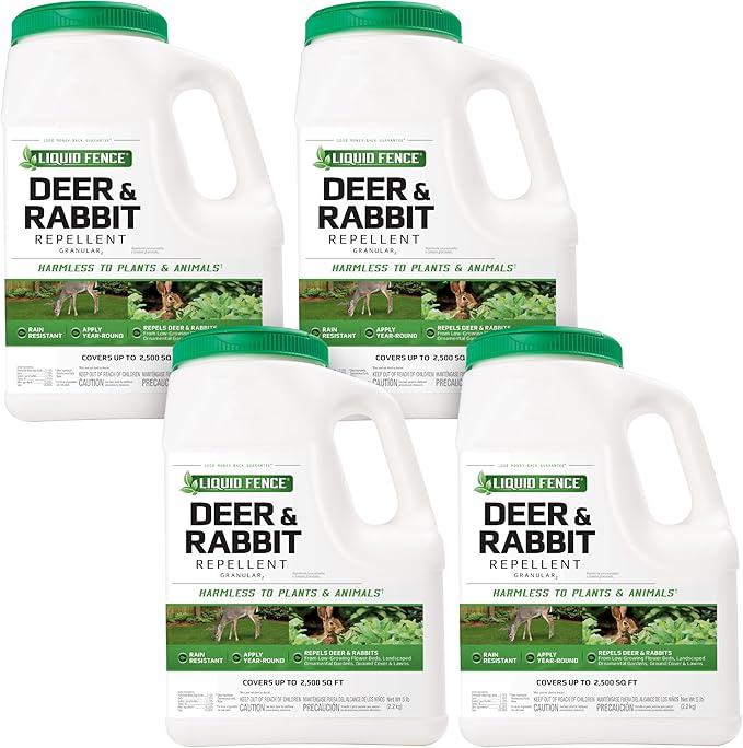 Liquid Fence Deer and Rabbit Repellent Granular 5 Pounds Pack of 4 and Concentrate Repels Deer and Rabbits 1 Gallon