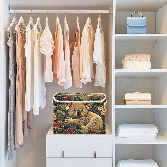 Storage Cube with Lid Art Koala Floral Print 16.5×12.6×11.8 IN Collapsible Large Capacity Foldable Storage Basket Bin Organizer