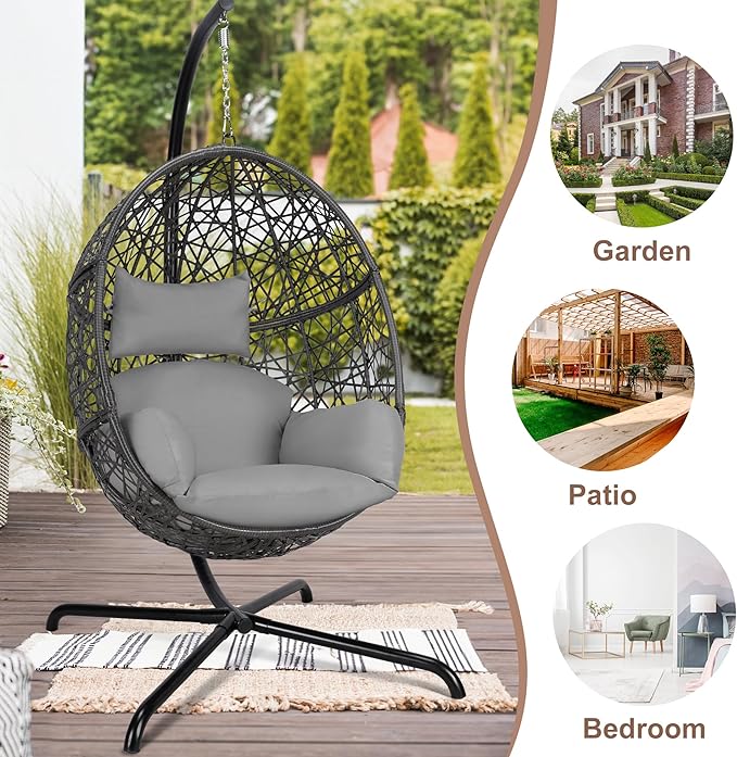 NICESOUL Bird Cage Swing Egg Chair UV/Water-Resistant 450lbs Capacity Wicker Swinging Chairs with Stand Comfy Oversized Hanging Seat w/Cushion Metal Frame &amp Cover for Indoor Outdoor Light Grey